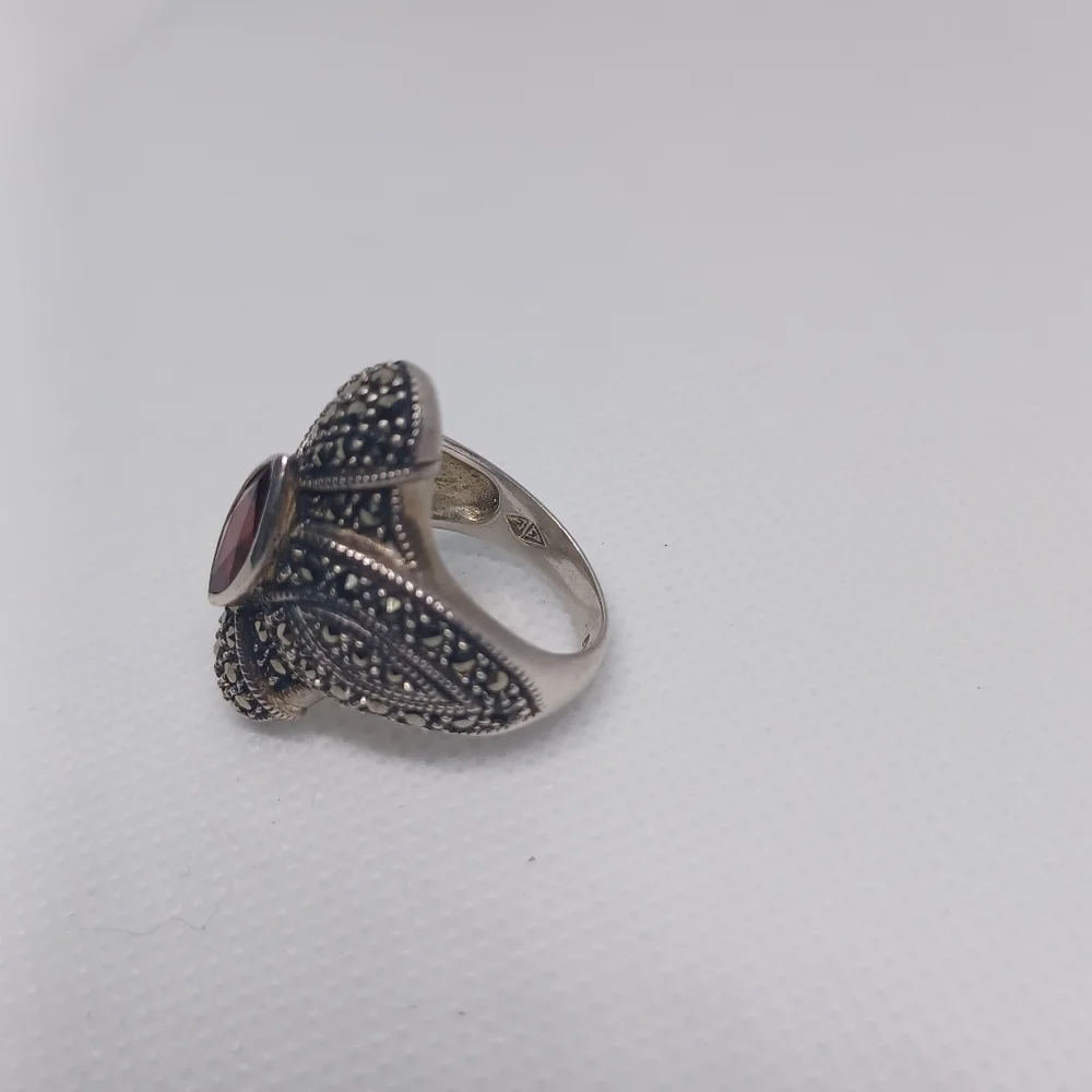 Vintage Sterling Judith Jack Red Garnet Marcasite Deco Statement Ring